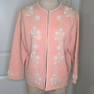 Vintage 60s Goldwaters Cardigan Sweater Pink Beaded Wool Formal Sz M